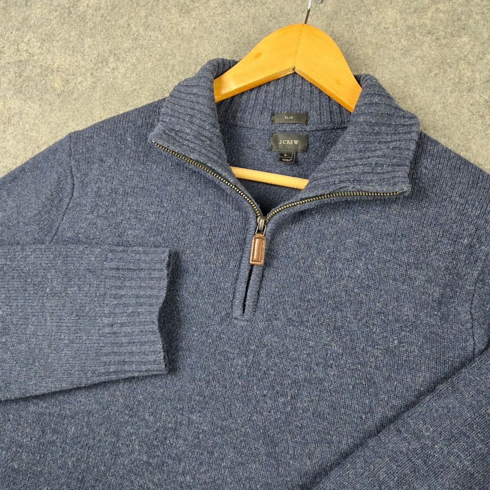 J.Crew 1/4 Zip Sweater Mens Large Blue Lambswool Slim Fit Pullover Knit